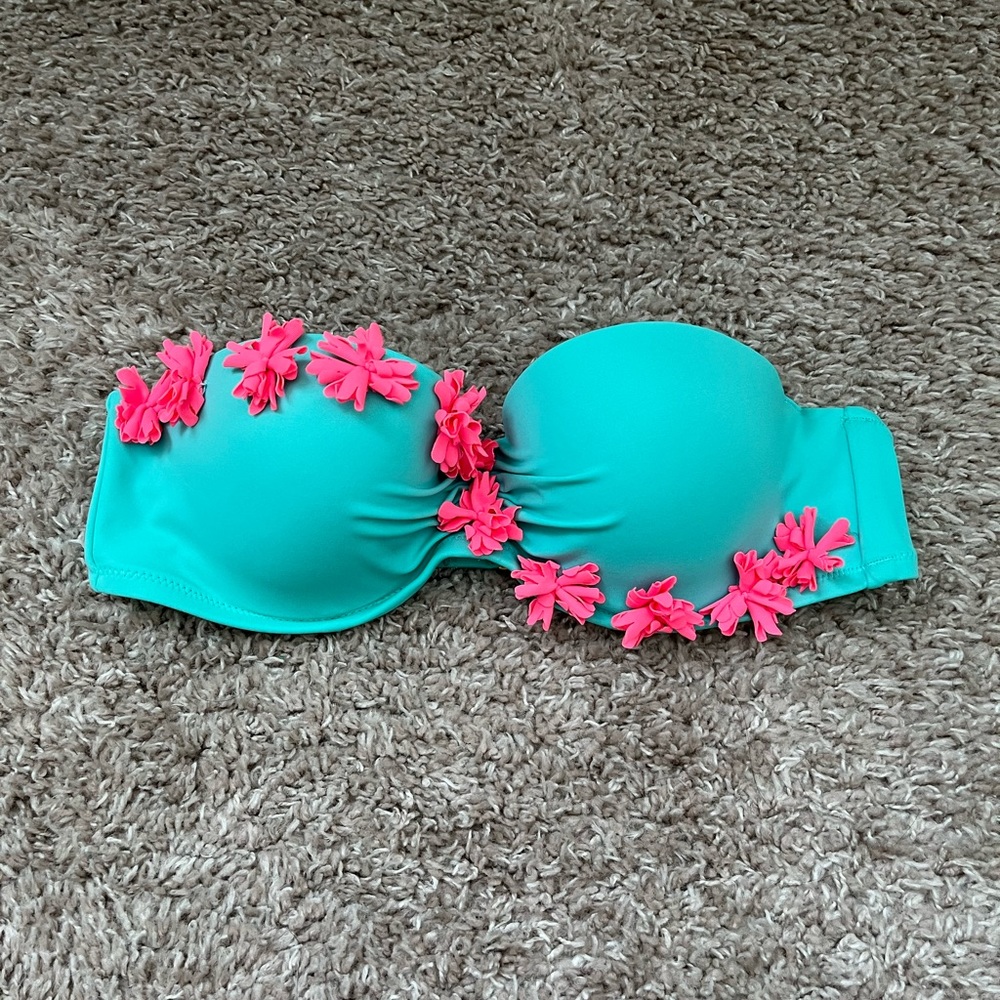 Victoria's Secret Teal Bandeau Bikini Top with Neon Pink Floral Accents